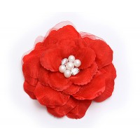 Brooch – 12 PCS Silk Flower w/ Faux Pearl Beads - Red - BC-ABO25113R