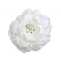 Brooch – 12 PCS Silk Flower w/ Faux Pearl Beads - White - BC-ABO25113W
