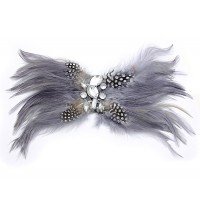 Brooch – 12 PCS Feather w/ Clear Beads - Grey - BC-ABO25114GY
