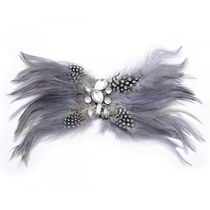 Brooch – 12 PCS Feather w/ Clear Beads - Grey - BC-ABO25114GY