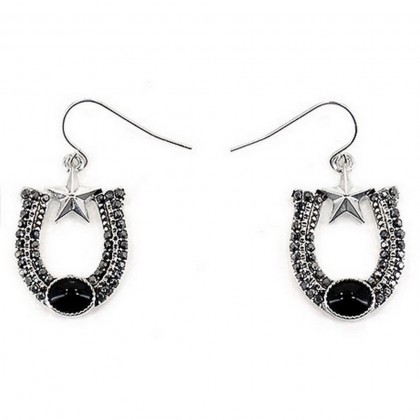 12-pair Western Style Rhinestone Horse Shoe Shape Earrings - Black Stone - ER-0192M-ASJ