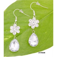 12-pair Rhinestone Flower w/ Dangling Tear Drop Earrings - Clear -  ER-21755CR