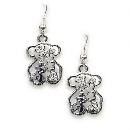 12-pair T-Bear Charm w/ Crystal Earrings - Rhodium Pla12-pair Ting - Clear - ER-E2498CL