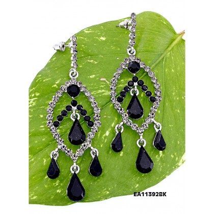 12-pair Crystal Big Leaf w/ Tear Drops Earrings - Black - ER-EA1392BK