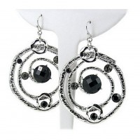 12-pair Hand Hammered Foil Look Earrings - Linear Circle w/ Black Rhinestones - ER-OE0145RD-BKD