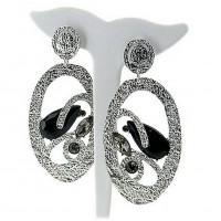 12-pair Hand Hammered Foil Look Earrings - Oval Cut w/ Black Rhinestones - ER-OE0155RD-BKD