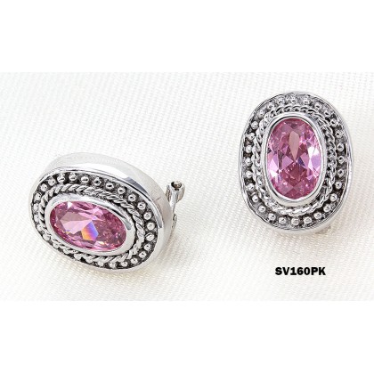 12-pair Casting Silver Earrings w/ CZ - Pink  -  ER-SV160PK