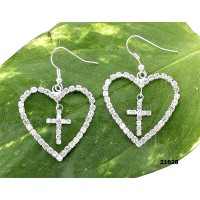 12-pair Dangling Rhinestones Heart w/ Cross Earrings - Clear - ER-21028