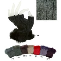 Gloves - 12-pair Cable Knitted Fingerless w/ Rabbit Fur Trim - GL-12KG006