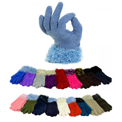 12-pair Solid Color Knitted w/ Fur-Like Trim Cuff Gloves - GL-G2140