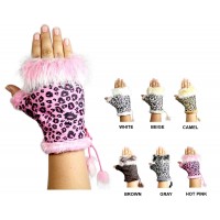 Gloves - 12-pair Fingerless Suede -Like Leopard Print  W/ Fur Trim - GL-G3204A