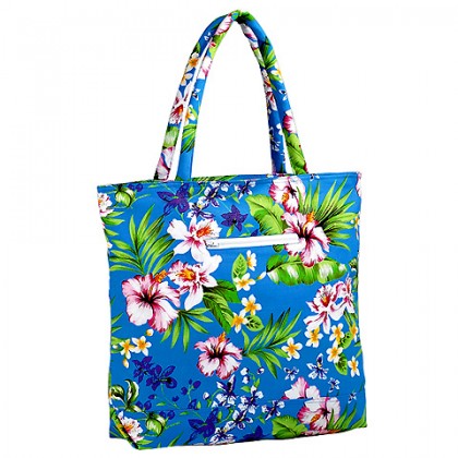 Canvas Tote w/ Tropical Flower Print - Turquoise -BG-1509TQ