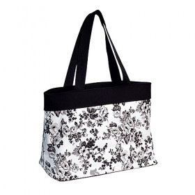 Canvas Shopping Tote w/ Flower Print - Black - BG-1518BK 