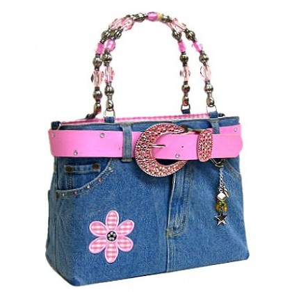 Denim Jean Purse W/ Belt & Key Chain/Flower - BG-BJ113MPK