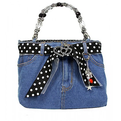 Denim Jean Purse w/ Polka Dots Ribbon - BG-BJ117MBK