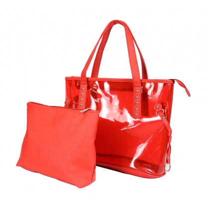 Clear PVC 2-in-1 Totes w/ Leather-like PU Trim - Red - BG-100843R