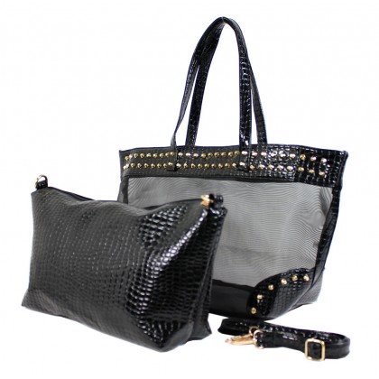 Mesh 2-in-1 Totes w/ Metal Studded Croc Embossed PU Trim - Black - BG-100845B