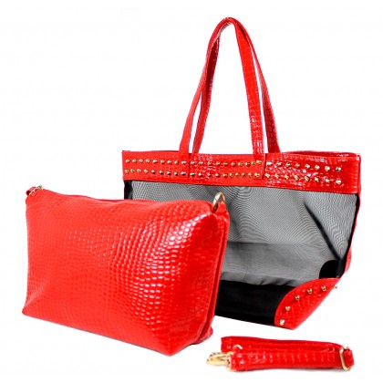 Mesh 2-in-1 Totes w/ Metal Studded Croc Embossed PU Trim - Red - BG-100845R