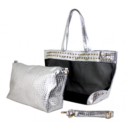 Mesh 2-in-1 Totes w/ Metal Studded Croc Embossed PU Trim - Silver - BG-100845S