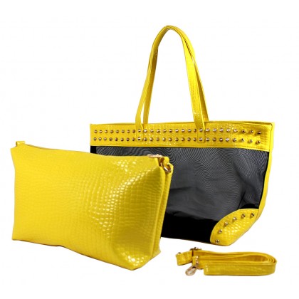 Mesh 2-in-1 Totes w/ Metal Studded Croc Embossed PU Trim - Yellow - BG-100845YL