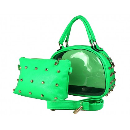 Clear PVC 2-in-1 Satchel w/ Metal Studded Leather-like PU Trim - Green -BG-100856GR