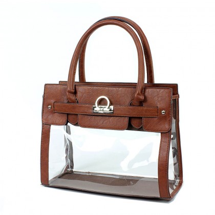 Clear PVC Tote -  PU Leather Trim Accent w/ Fold Down Lock - Brown - BG-C010BN