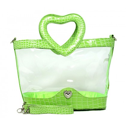 Clear PVC Satchel - Croc Embossed Patent Leather-like Trim w/ Open Heart Shape Handles - Green - BG-CLR004GN