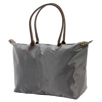 Nylon Large Shopping Tote - 12 PCS w/ Leather Like Handles - Gray - BG-NL2018GY