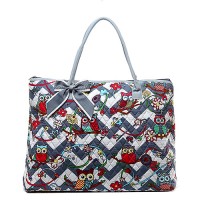 Quilted Cotton Shopping Tote Bag - 12 PCS Owl & Chevron Printed - Grey - BG-OW303GY