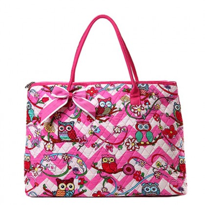 Quilted Cotton Shopping Tote Bag - 12 PCS Owl & Chevron Printed - Pink - BG-OW303PK