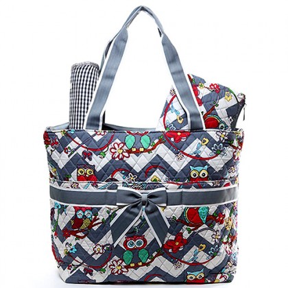 Quilted Cotton Diaper Bag - 12 PCS Owl & Chevron Printed - Grey - BG-OW604GY