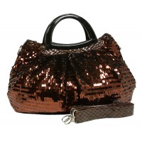 Designer Sequined Satchel Handbags w/ Acrylic Crescent Shape Handle - Coffee - BG-A30COF 