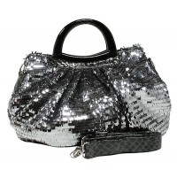 Designer Sequined Satchel Handbags w/ Acrylic Crescent Shape Handle - L. Grey - BG-A30LGY