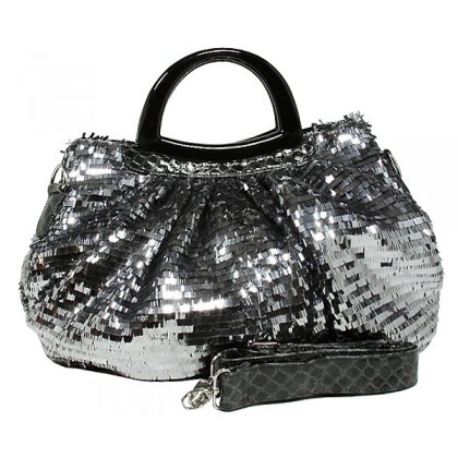 Designer Sequined Satchel Handbags w/ Acrylic Crescent Shape Handle - L. Grey - BG-A30LGY