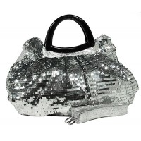 Designer Sequined Satchel Handbags w/ Acrylic Crescent Shape Handle - Silver - BG-A30SV