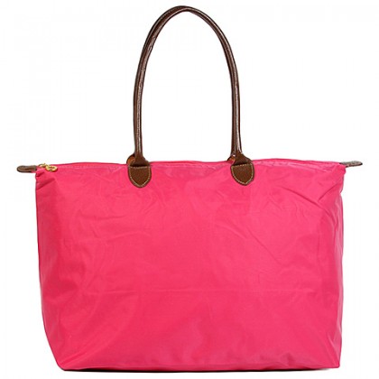 Nylon Large Shopping Tote w/ Leather Like Handles - Fuchsia - BG-HD1293FU