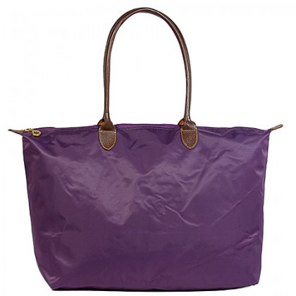 Nylon Large Shopping Tote w/ Leather Like Handles - Purple -BG-HD1293PU