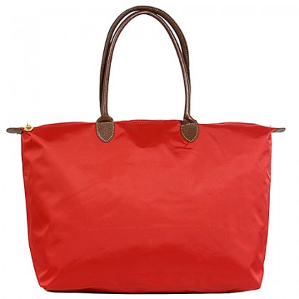 Nylon Large Shopping Tote w/ Leather Like Handles - Red - BG-HD1293RD