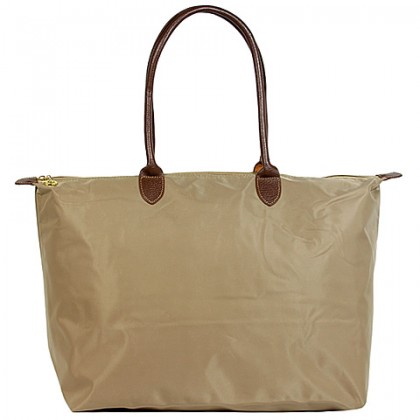 Nylon Large Shopping Tote w/ Leather Like Handles - Taupe -BG-HD1293TP