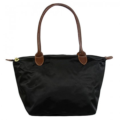 Nylon Small Shopping Tote w/ Leather Like Handles - Black - BG-HD1361BK