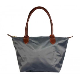 Nylon Small Shopping Tote w/ Leather Like Handles - Grey -BG-HD1361GY