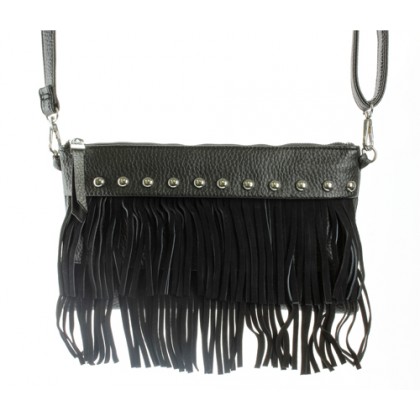 Shoulder/ Clutch Bags - Accent w/ Metal Studs & Fringes - Black - BG-15-725BK