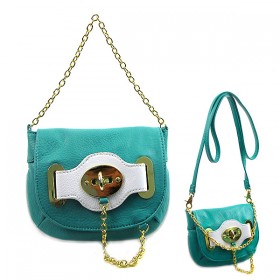 Pebble Leather-like Small Flap Purse w/ Metal Chain Strap And Twist Lock - Turquoise - BG-H6364TQ
