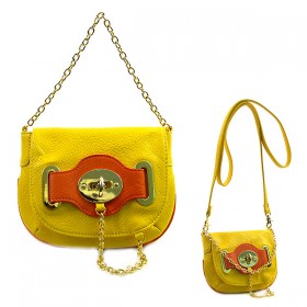 Pebble Leather-like Small Flap Purse w/ Metal Chain Strap And Twist Lock - Yellow - BG-H6364YL