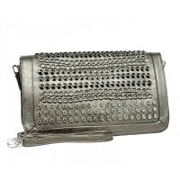 Clutches - 12 PCS - Chain and Rhinestones Studded Shoulder Bag - Silver Gray - BG-2381SLGY