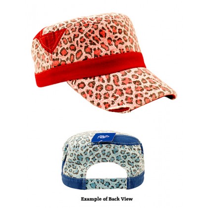 Military Cap – 12 PCS Ladies Washed Canvas Leopard Print - HT-9050PK