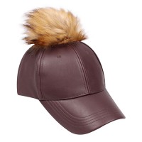 Baseball Cap – 12 PCS Faux Leather With Detachable Faux Fox Fur Pom Pom - Brown - HT-AO326BN