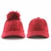 Baseball Cap – 12 PCS Faux Suede w/ Detachable Faux Fox Fur Pom Pom - Burgundy - HT-BA-12BG