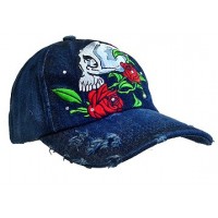 Embroidery Tattoo Cap – 12 PCS Horror Skull (Washed Cotton) - Denim - HT-BSH100DN