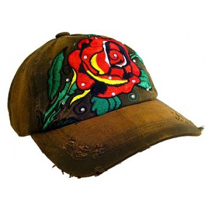 Embroidery Tattoo Cap – 12 PCS Rose (Washed Cotton) - Brown - HT-BSR100BN